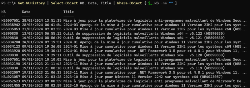 PowerShell - Get-WUHistory with Filter - Example