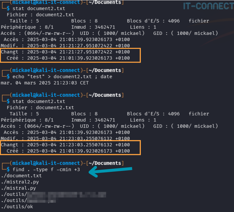 Demonstration of the -cmin (or -ctime) option for the status change date.