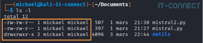 Display of the "classic" file attributes in Linux using the ls command.