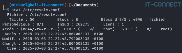 Displays advanced file attributes on Linux using the stat command.