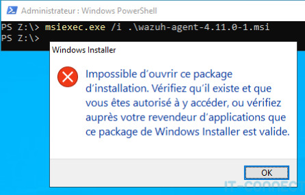 Error encountered when installing the unsigned Wazuh agent.
