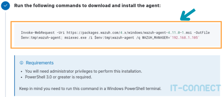 Command line for downloading and installing the Wazuh agent on Windows.