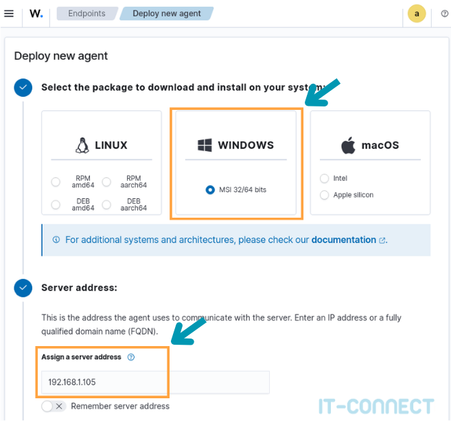 Setting up the deployment of a new Wazuh agent for Windows.