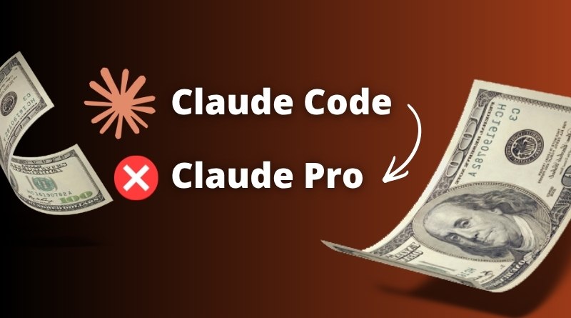 Graphic comparing Claude Code and Claude Pro, with dollar bills flying and a curved arrow suggesting a version choice or price consideration.