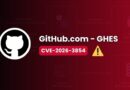 Banner announcing GitHub.com – GHES CVE-2026-3854 with a warning icon on a red gradient background.