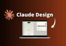 Claude Design branding: orange starburst logo with 'Claude Design' text above a laptop showing design UI on a brown gradient background.