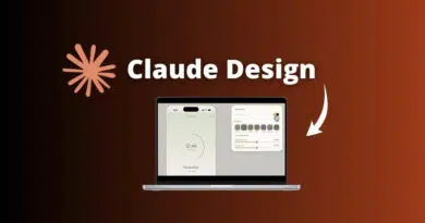 Claude Design branding: orange starburst logo with 'Claude Design' text above a laptop showing design UI on a brown gradient background.