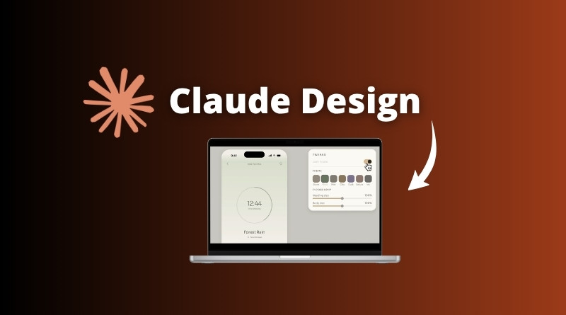 Claude Design branding: orange starburst logo with 'Claude Design' text above a laptop showing design UI on a brown gradient background.