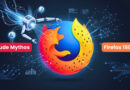 Promo image showing the Firefox logo with a futuristic circuitry background, labeled 'Claude Mythos' and 'Firefox 150'.