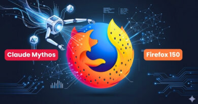 Promo image showing the Firefox logo with a futuristic circuitry background, labeled 'Claude Mythos' and 'Firefox 150'.