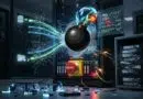 Animated-style bomb exploding inside a server rack, representing a data destruction attack in a data center.