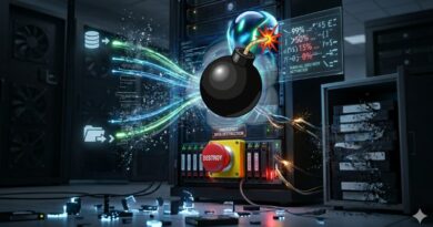 Animated-style bomb exploding inside a server rack, representing a data destruction attack in a data center.