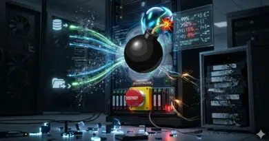 Animated-style bomb exploding inside a server rack, representing a data destruction attack in a data center.