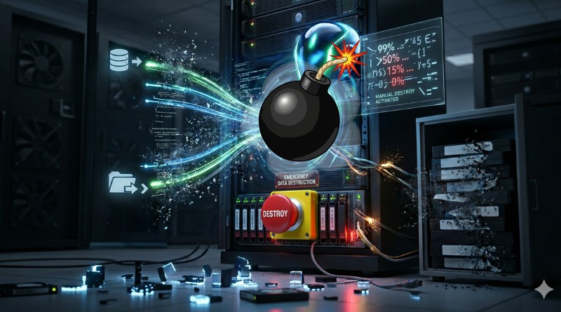 Animated-style bomb exploding inside a server rack, representing a data destruction attack in a data center.