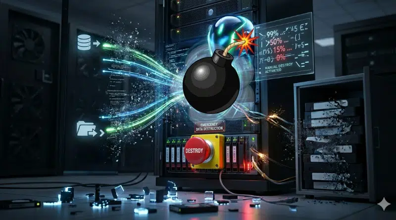 Animated-style bomb exploding inside a server rack, representing a data destruction attack in a data center.