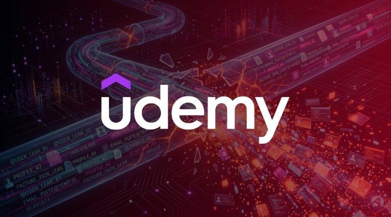Udemy logo over a neon red and purple futuristic digital network background