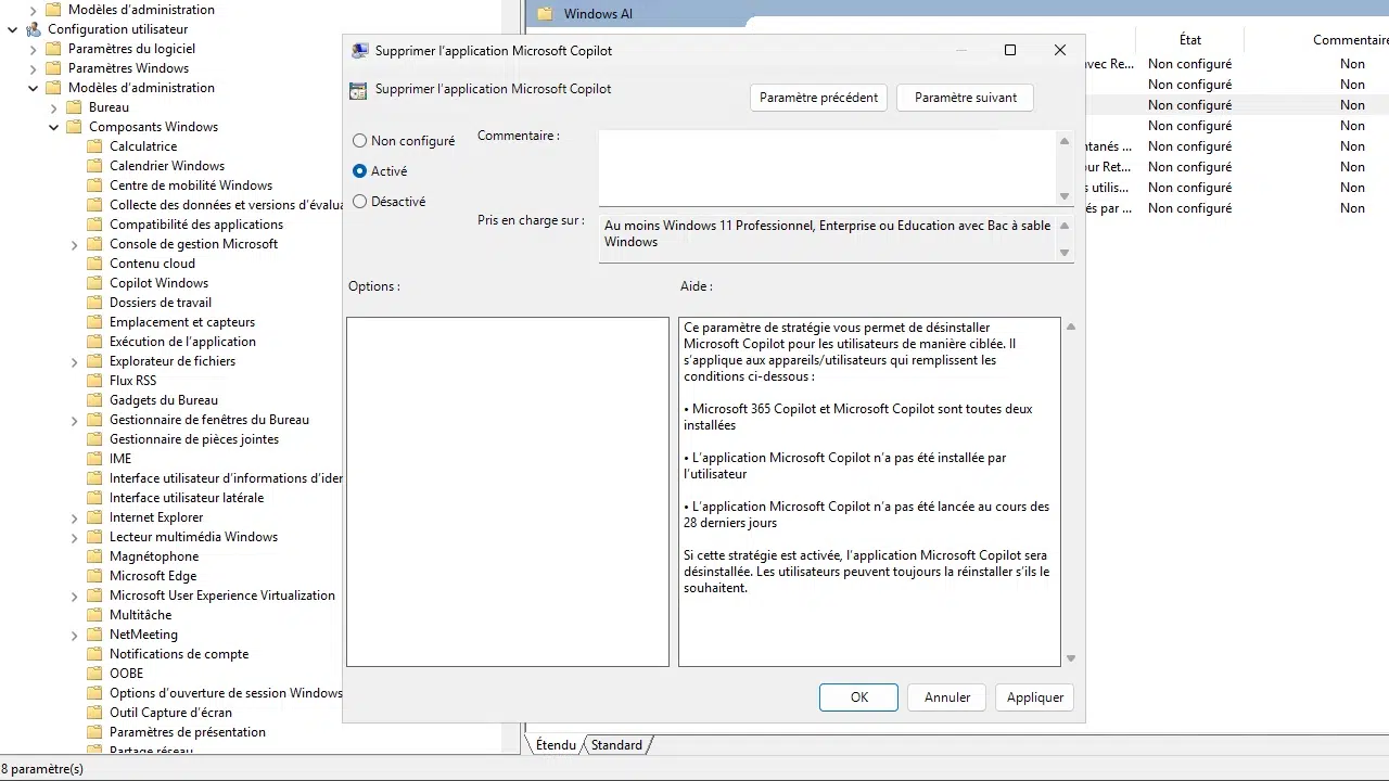 GPO - Désinstaller application Copilot sur Windows 11 25H2