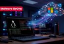 Laptop on a desk with a Linux penguin on the screen and glowing data streams forming a cloud of Windows icons labeled Malware GoGra to depict cybersecurity threats.