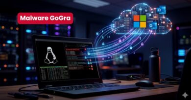 Laptop on a desk with a Linux penguin on the screen and glowing data streams forming a cloud of Windows icons labeled Malware GoGra to depict cybersecurity threats.