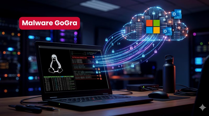 Laptop on a desk with a Linux penguin on the screen and glowing data streams forming a cloud of Windows icons labeled Malware GoGra to depict cybersecurity threats.