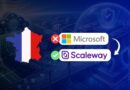 France map silhouette in tricolor beside Microsoft logo with a red X and Scaleway logo with a green check, indicating a choice between providers.