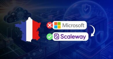 France map silhouette in tricolor beside Microsoft logo with a red X and Scaleway logo with a green check, indicating a choice between providers.