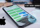 iPhone screen showing chat messages with a translucent wireframe hand overlay and label CVE-2026-28950, indicating a security vulnerability in messaging.