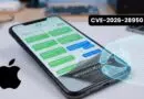iPhone screen showing chat messages with a translucent wireframe hand overlay and label CVE-2026-28950, indicating a security vulnerability in messaging.