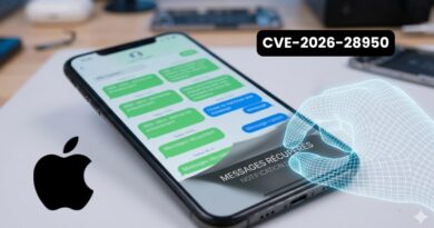 iPhone screen showing chat messages with a translucent wireframe hand overlay and label CVE-2026-28950, indicating a security vulnerability in messaging.