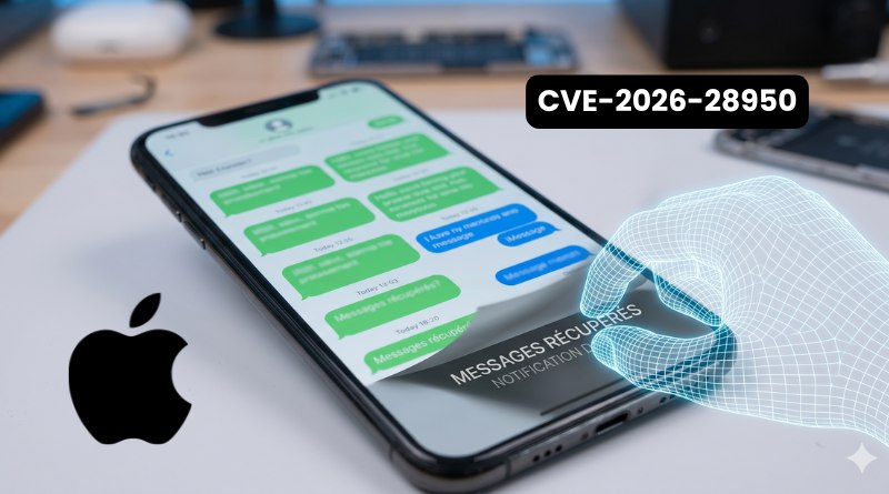 iPhone screen showing chat messages with a translucent wireframe hand overlay and label CVE-2026-28950, indicating a security vulnerability in messaging.