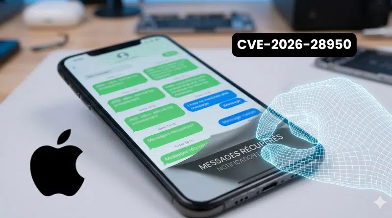 iPhone screen showing chat messages with a translucent wireframe hand overlay and label CVE-2026-28950, indicating a security vulnerability in messaging.