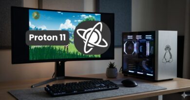 Desktop PC setup with monitor showing a game scene and Proton 11 logo overlay, plus a gaming tower with a penguin decal on the right.