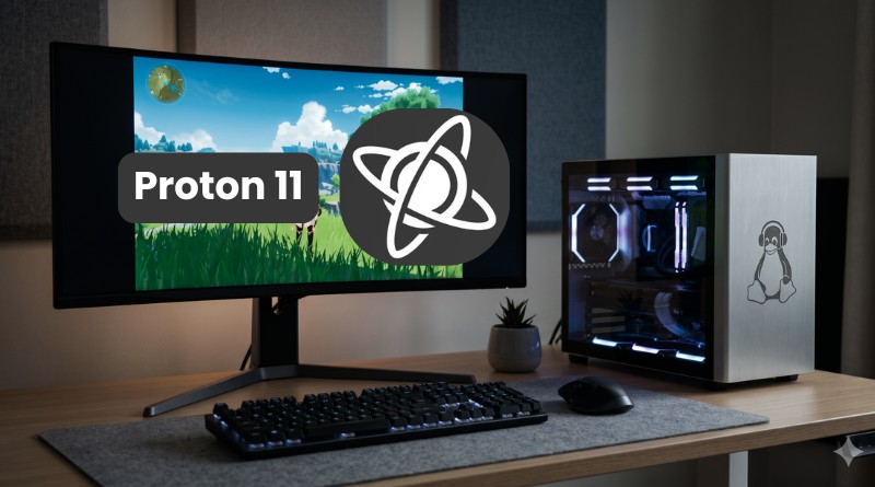 Desktop PC setup with monitor showing a game scene and Proton 11 logo overlay, plus a gaming tower with a penguin decal on the right.