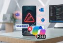 Samsung Galaxy phone on a desk with a red warning triangle, representing a security alert, surrounded by floating app icons and Microsoft 365 logos.