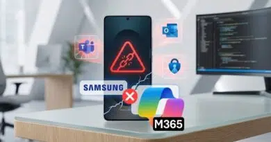 Samsung Galaxy phone on a desk with a red warning triangle, representing a security alert, surrounded by floating app icons and Microsoft 365 logos.