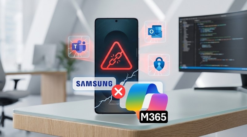 Samsung Galaxy phone on a desk with a red warning triangle, representing a security alert, surrounded by floating app icons and Microsoft 365 logos.