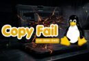 Laptop with fiery cracks and a bold 'Copy Fail' banner, CVE-2026-31431, beside a cartoon Tux penguin holding yellow gloves.