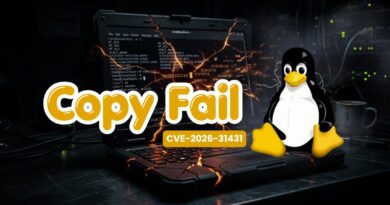 Laptop with fiery cracks and a bold 'Copy Fail' banner, CVE-2026-31431, beside a cartoon Tux penguin holding yellow gloves.