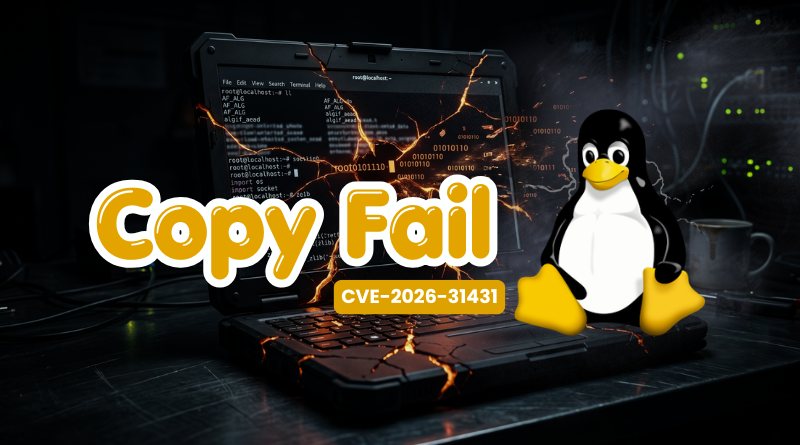 Laptop with fiery cracks and a bold 'Copy Fail' banner, CVE-2026-31431, beside a cartoon Tux penguin holding yellow gloves.