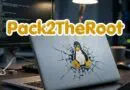 Pack2TheRoot logo over a laptop with a cracked-screen design and a Tux penguin sticker in a tech workspace