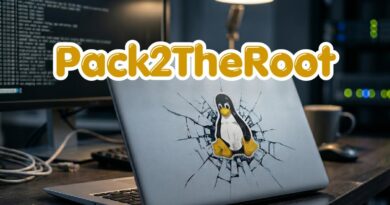 Pack2TheRoot logo over a laptop with a cracked-screen design and a Tux penguin sticker in a tech workspace