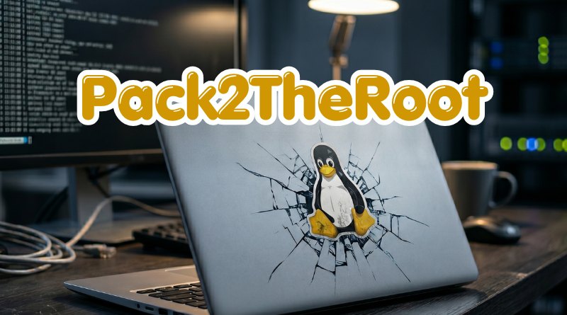 Pack2TheRoot logo over a laptop with a cracked-screen design and a Tux penguin sticker in a tech workspace