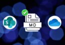Central document icon labeled MD with a green checkmark, flanked by SharePoint (left) and OneDrive (right) logos on a blue bokeh background攀.
