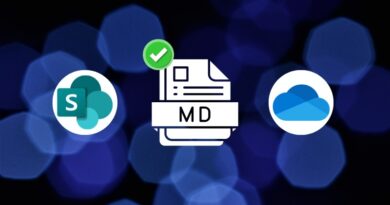 Central document icon labeled MD with a green checkmark, flanked by SharePoint (left) and OneDrive (right) logos on a blue bokeh background攀.