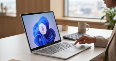 Laptop on a desk with a Windows login screen showing a fingerprint icon; a person taps the touchpad nearby.