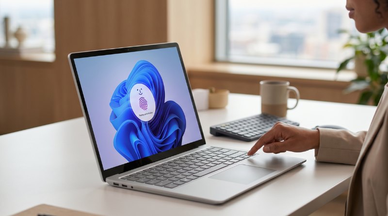 Laptop on a desk with a Windows login screen showing a fingerprint icon; a person taps the touchpad nearby.