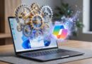 Laptop on a wooden desk with glowing gears rising from the screen, symbolizing software automation and integration.