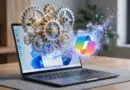 Laptop on a wooden desk with glowing gears rising from the screen, symbolizing software automation and integration.