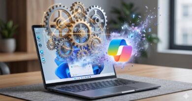 Laptop on a wooden desk with glowing gears rising from the screen, symbolizing software automation and integration.