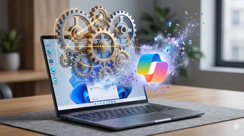 Laptop on a wooden desk with glowing gears rising from the screen, symbolizing software automation and integration.